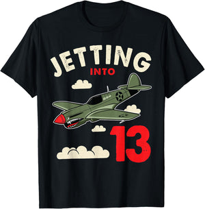 Jetting Into 13 Birthday Aviator Jet Plane Party T-Shirt - T-Shirt | Black
