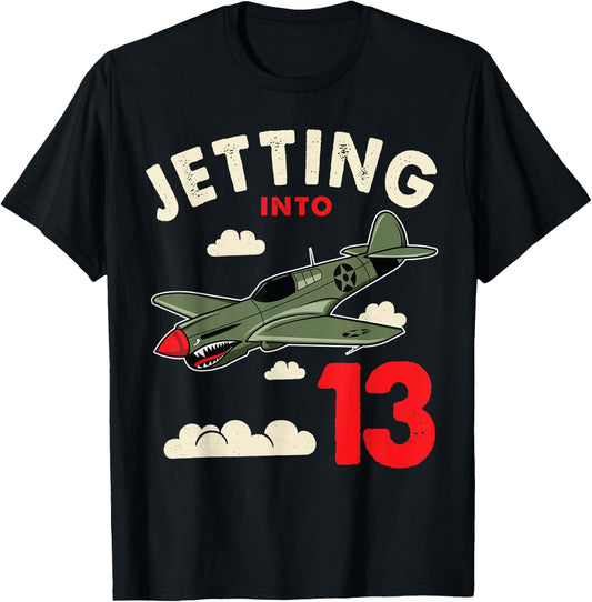 Jetting Into 13 Birthday Aviator Jet Plane Party T-Shirt - T-Shirt | Black