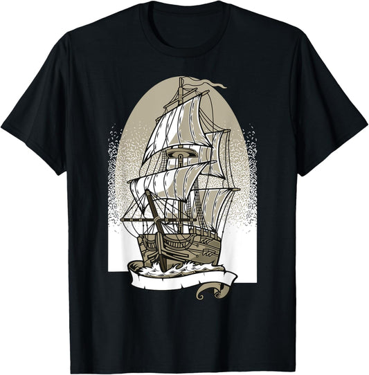 Pirate Ship Vintage Retro Nautical Sailing Boat Captain T-Shirt - T-Shirt | Black