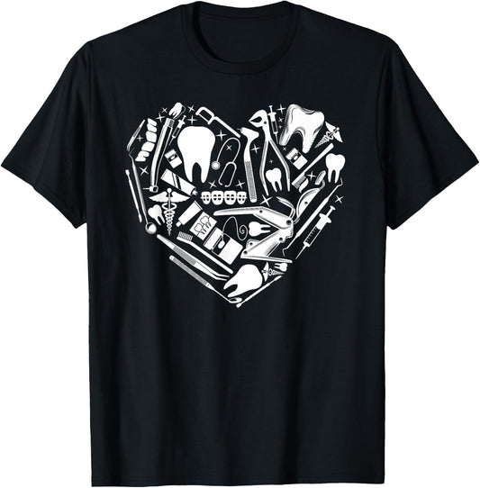 Dentist Dental Assistant Hygienist Heart Tools T-Shirt - T-Shirt | Black