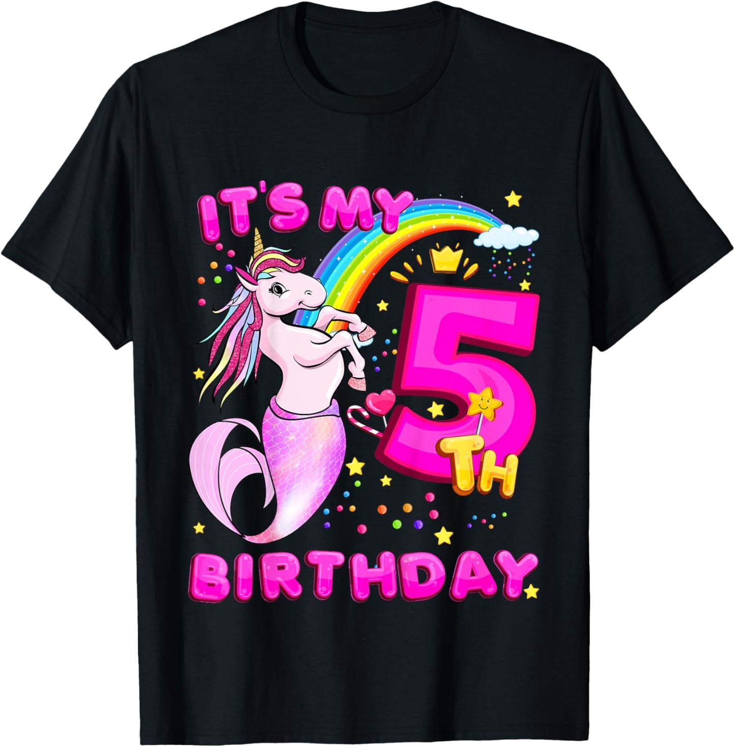 5th Birthday Unicorn Mermicorn Mermaid Gifts For Girls T-Shirt - T-Shirt | Black
