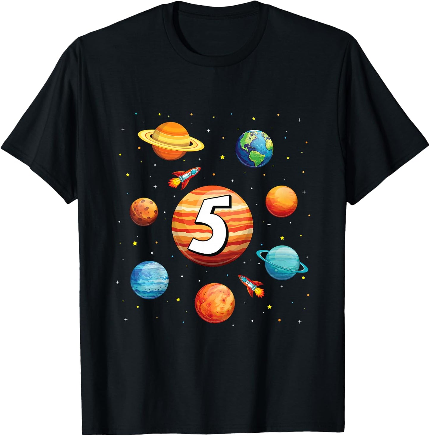 Kids 5 Year Old Shirt Boys Kids Space Solar Planets 5th Birthday T-Shirt - T-Shirt | Black