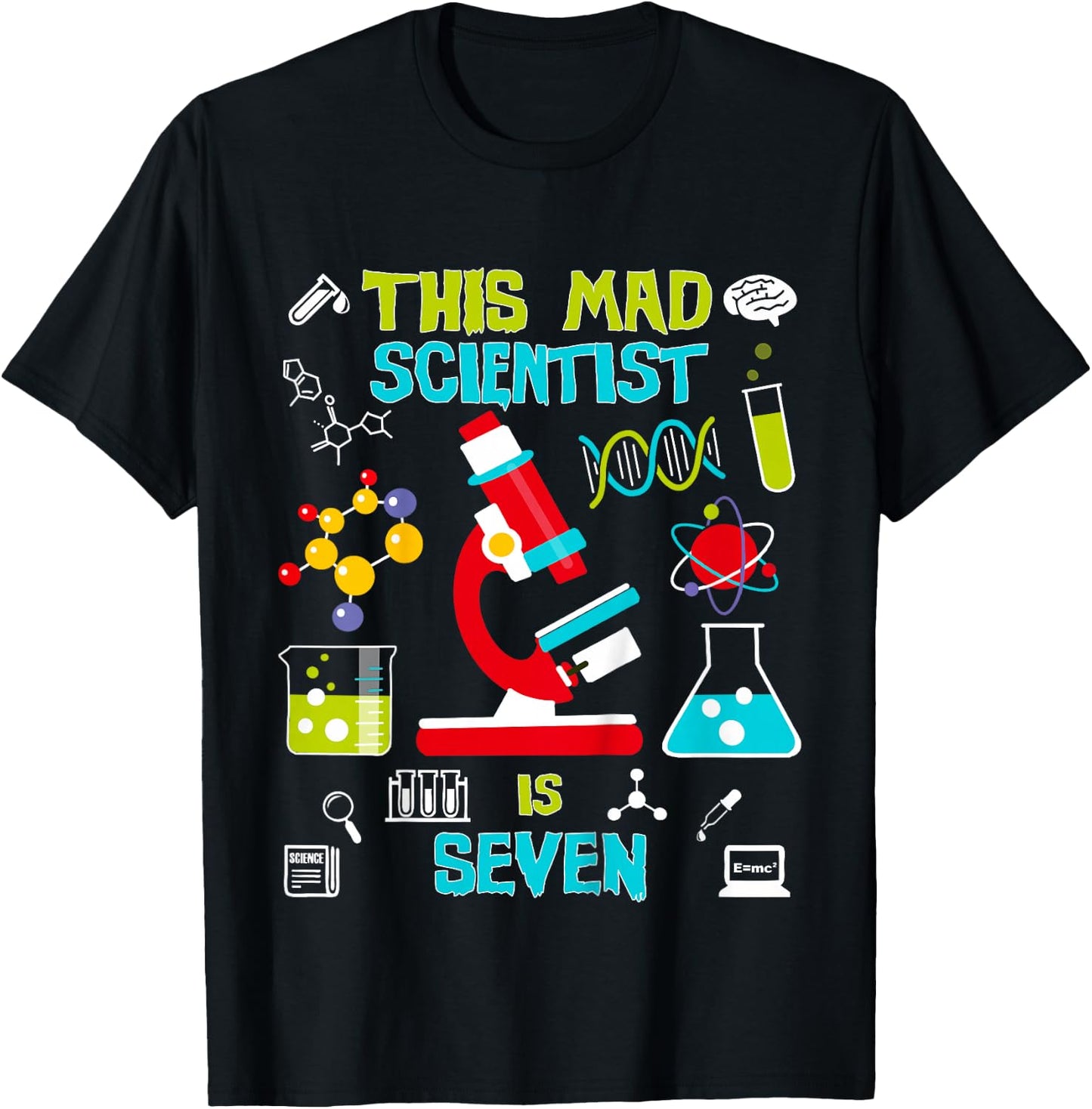 Mad Scientist Party Birthday Gift 7 Year Old T-Shirt - T-Shirt | Black