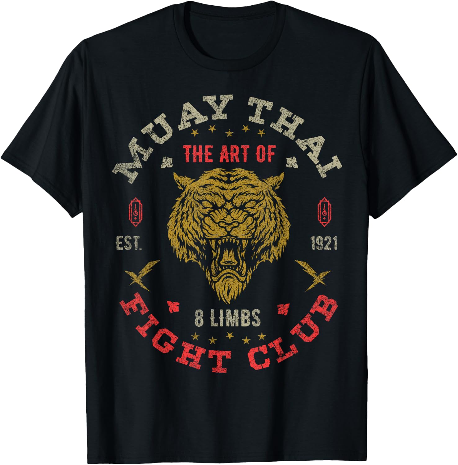 Muay Thai Fighter Vintage Twin Tiger Art of 8 Limbs T-Shirt - T-Shirt | Black