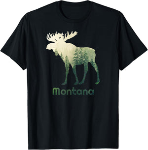 State Of Montana Moose Forest Tree Hunter Wildlife Gift T-Shirt - T-Shirt | Black