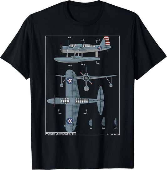 Vought OS2U Kingfisher American WW2 Floatplane Color Diagram T-Shirt - T-Shirt | Black
