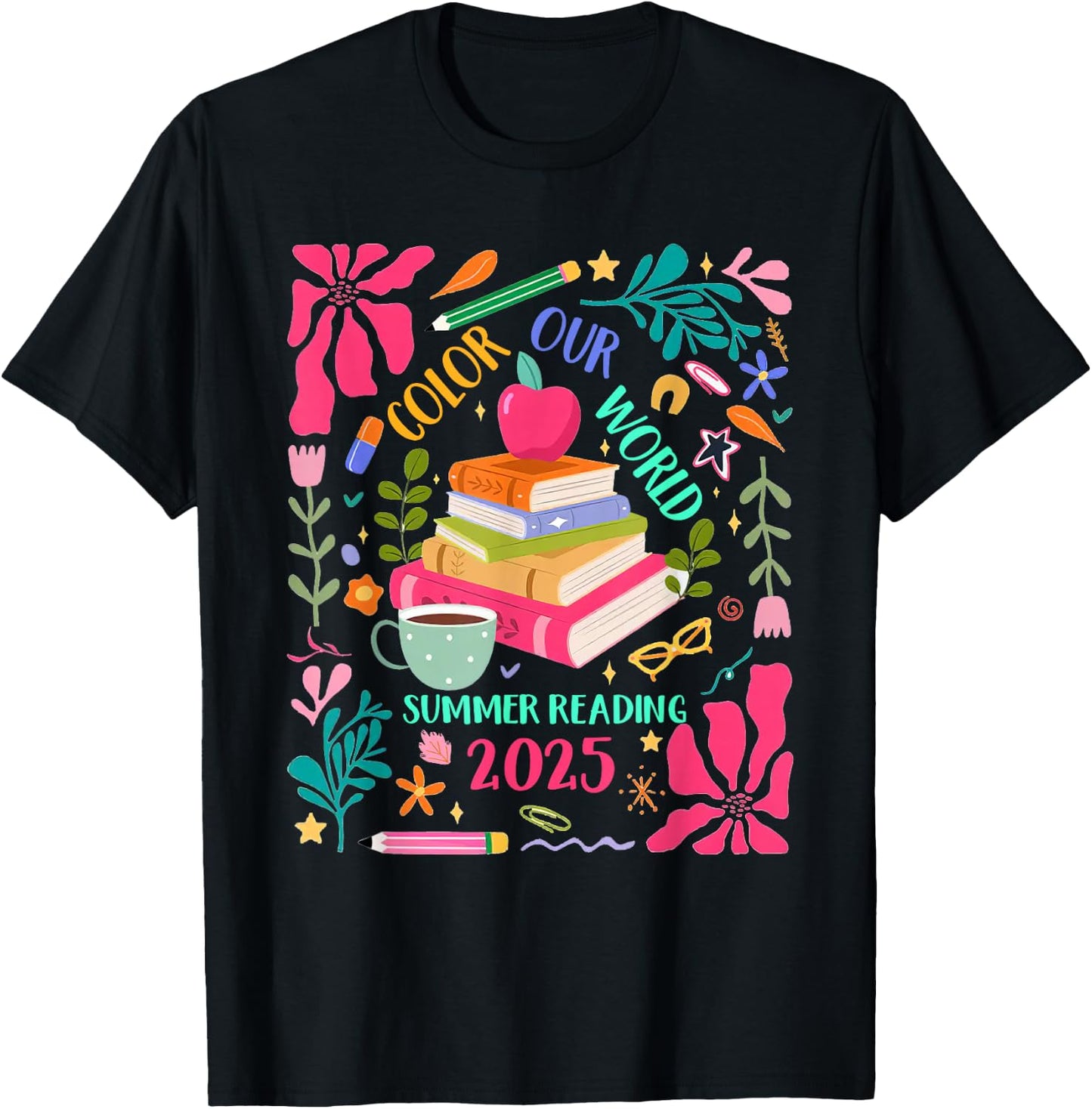 Color Our World Summer Reading 2025 Boho Wildflower Book T-Shirt - T-Shirt | Black