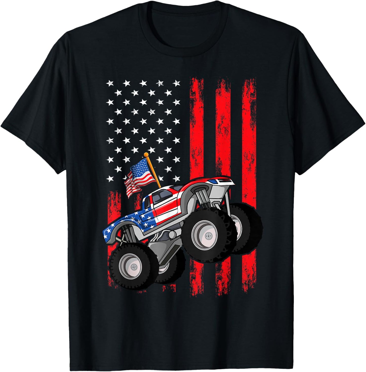 Kid Monster Truck Shirt, Toddler Boys American Flag July 4th T-Shirt - T-Shirt | Black