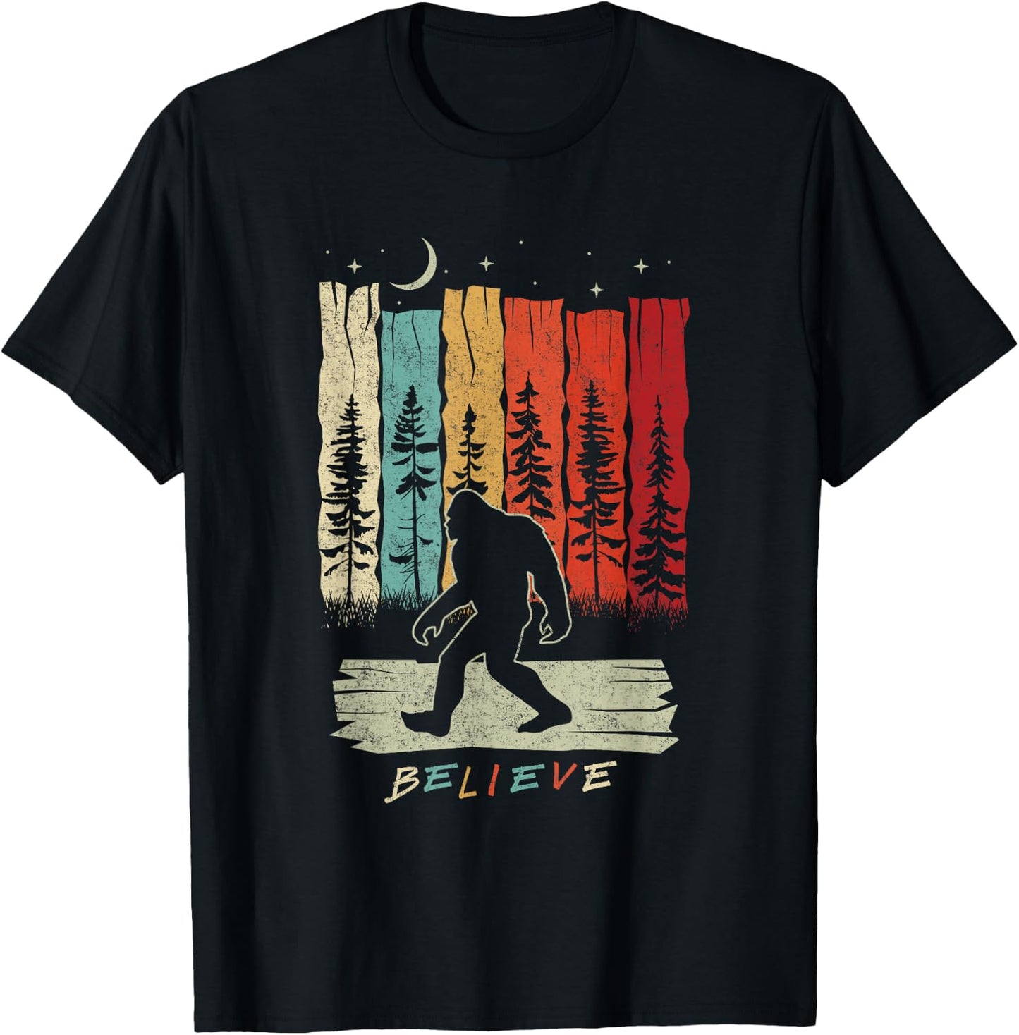 Bigfoot Night Moon Shirt Believe Sasquatch Retro Men Kids T-Shirt - T-Shirt | Black