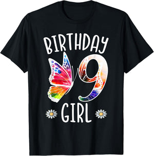 9th Birthday Girl Butterflies 9 Years Old Girls Butterfly T-Shirt - T-Shirt | Black