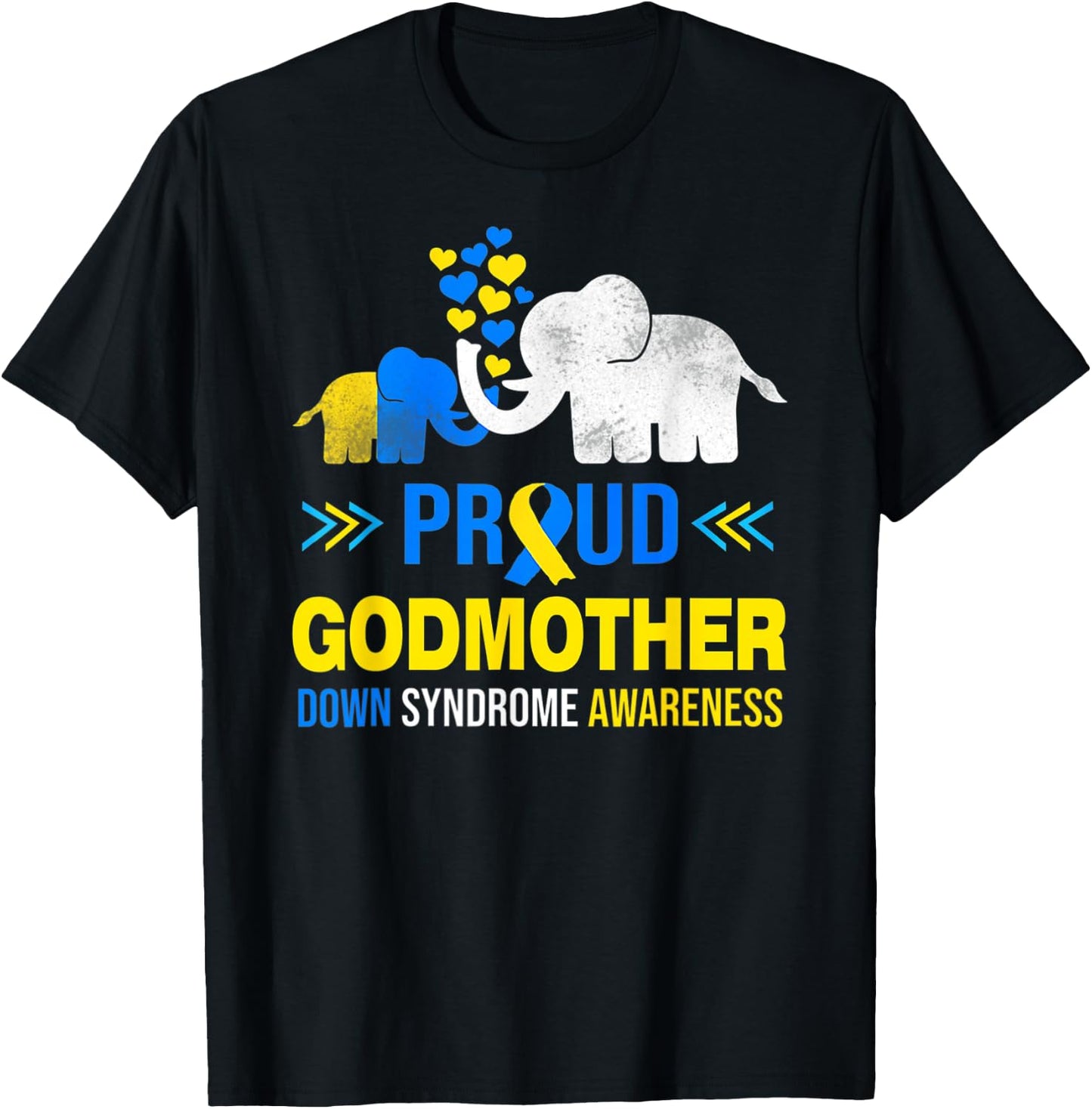 Proud Godmother Down Syndrome Awareness Blue Yellow Ribbon T-Shirt - T-Shirt | Black
