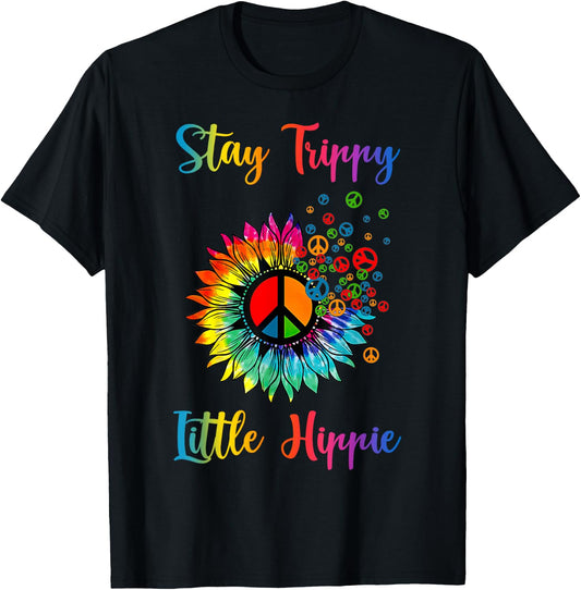 Stay Trippy Little Hippie Tie Dye Sunflower Peace Sign T-Shirt - T-Shirt | Black