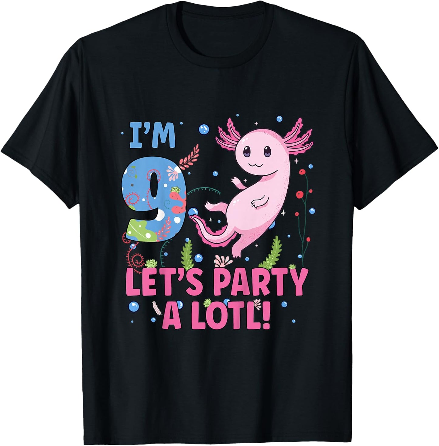 Kids Cute Axolotl Motif 9 Year Old Axolotl Lover 9th Birthday T-Shirt - T-Shirt | Black