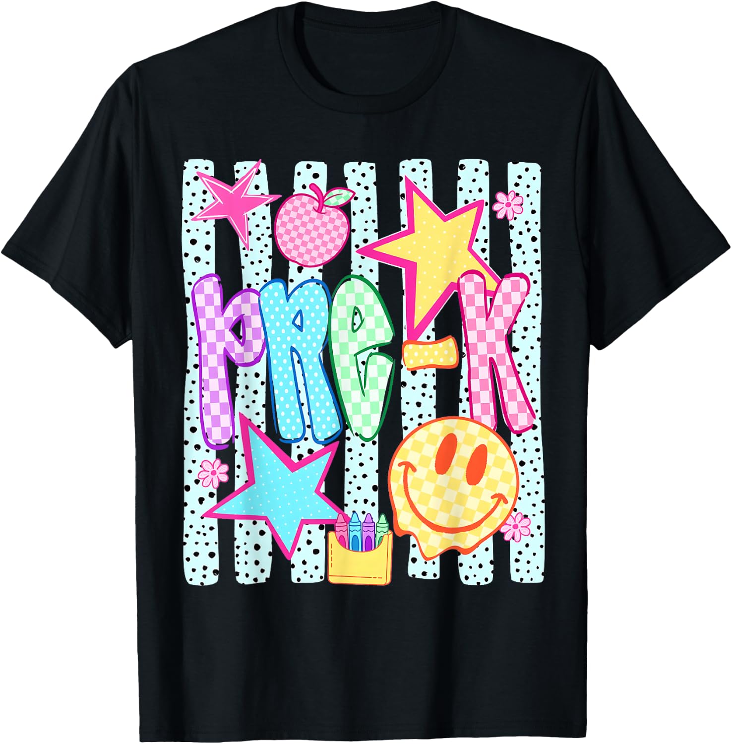 Back to School Colorful Pre K Checkered Girl Teacher T-Shirt - T-Shirt | Black