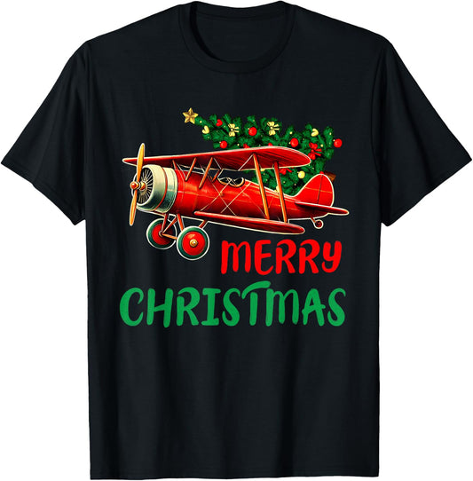 Merry Christmas Airplane Christmas Tree Pilot T-Shirt - T-Shirt | Black