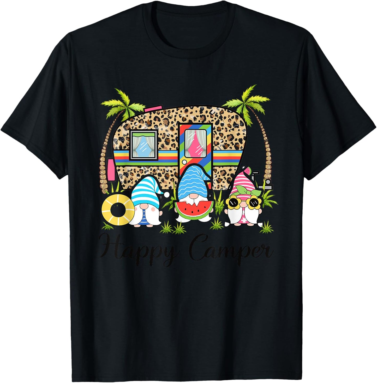Leopard Camping RV Gnome Camper Happy Summer Camping T-Shirt - T-Shirt | Black