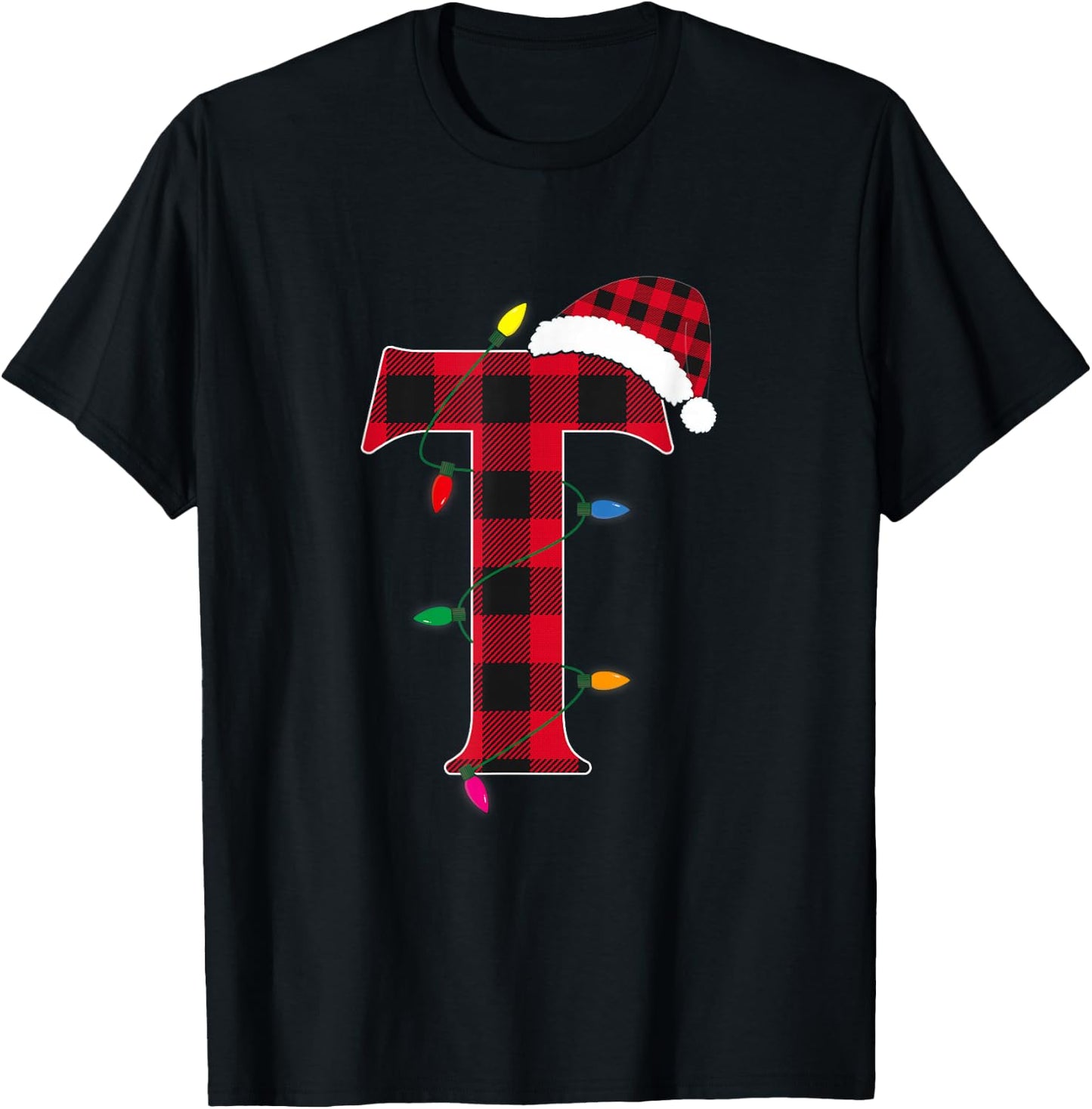 Awesome Letter T Initial Name Buffalo Plaid Christmas Pajama T-Shirt - T-Shirt | Black