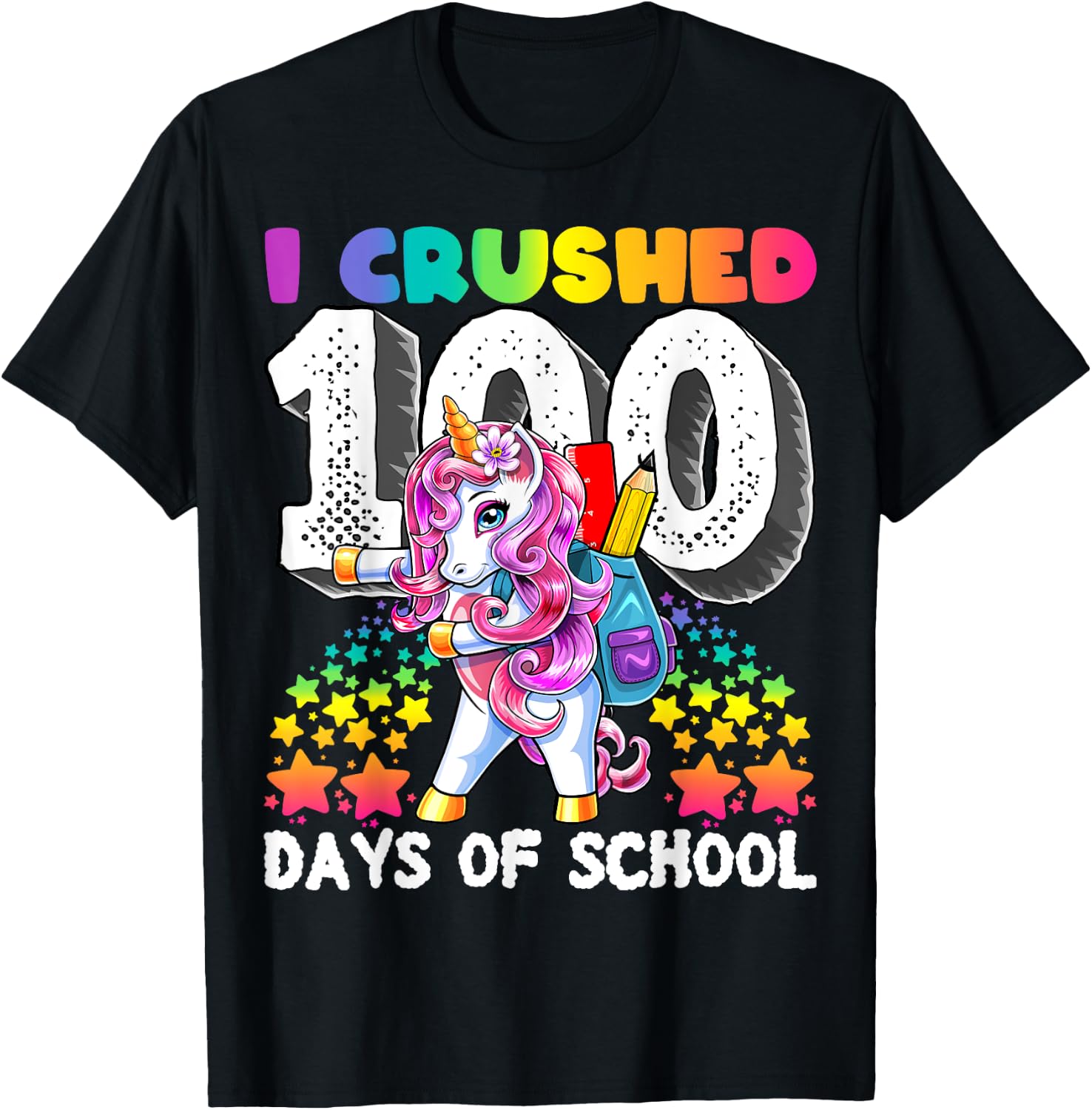 I Crushed 100 Days of School Flossing Unicorn Gift Girls T-Shirt - T-Shirt | Black