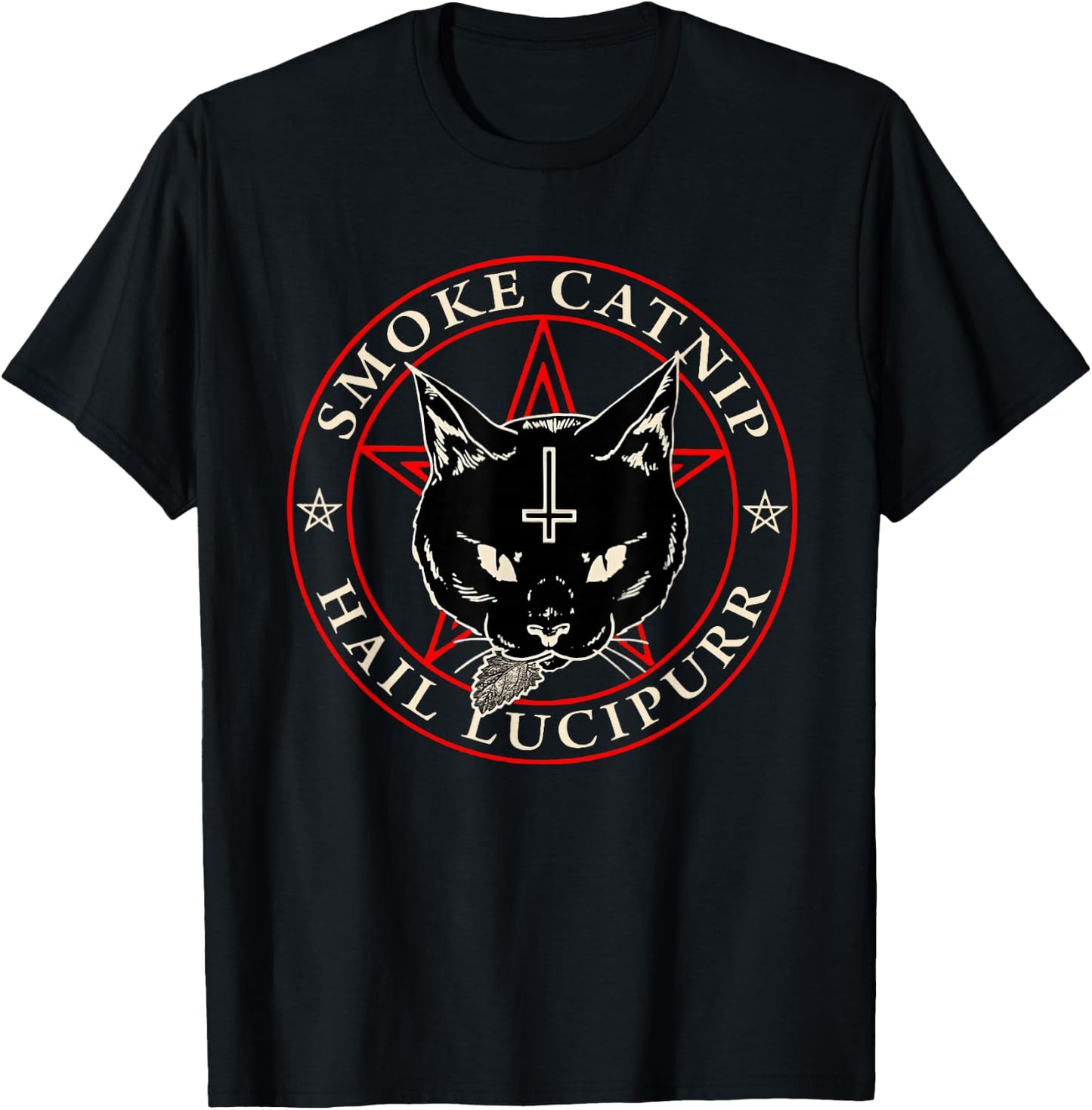 Satanic Black Cat Hail Satan Smoke Catnip Hail Lucipurr Weed T-Shirt - T-Shirt | Black