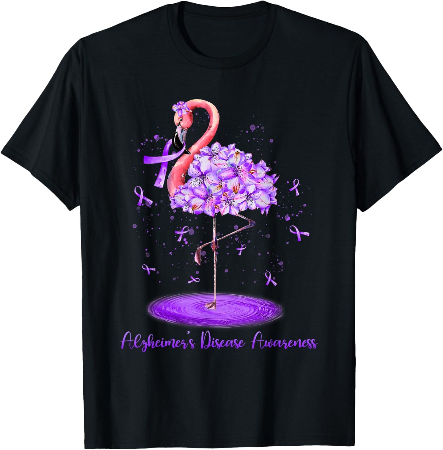 Purple Flamingo Alzheimers Disease Awareness Month November T-Shirt - T-Shirt | Black