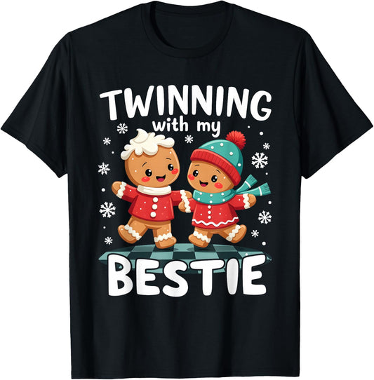 Twinning With My Bestie Best Friend Gingerbread - -Adults/Kids, Black, Small, , Casual Cartoon Holiday T-Shirt - T-Shirt | Black