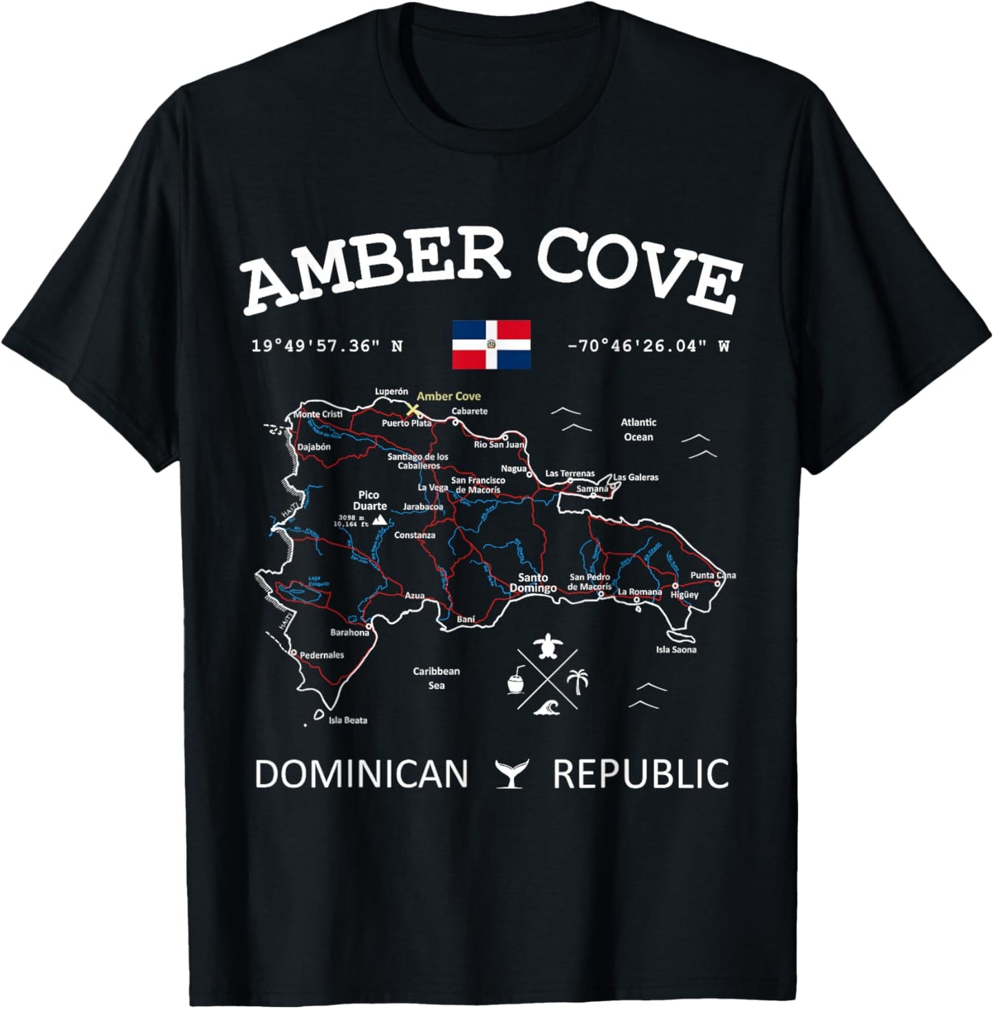 Amber Cove Dominican Republic Flag Travel Map Coordinates T-Shirt - T-Shirt | Black