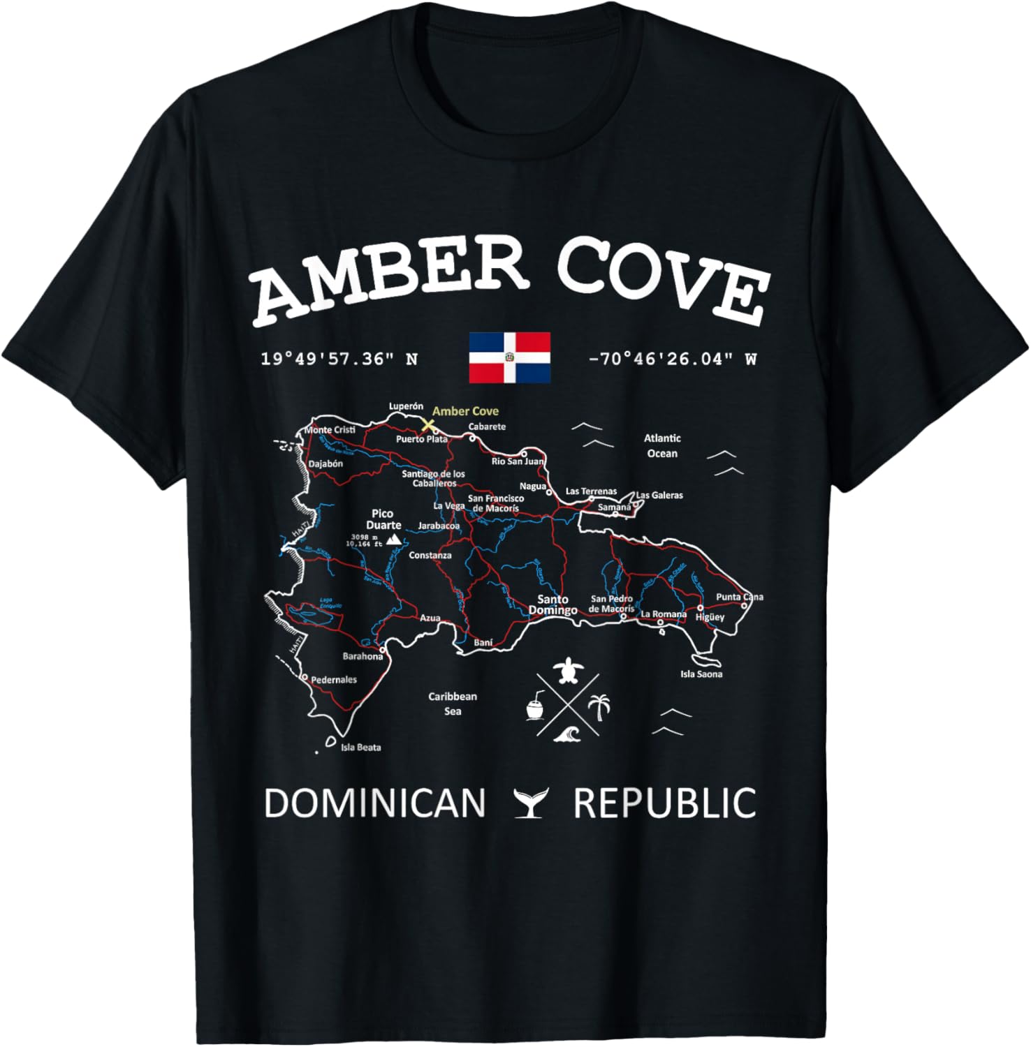 Amber Cove Dominican Republic Flag Travel Map Coordinates T-Shirt - T-Shirt | Black