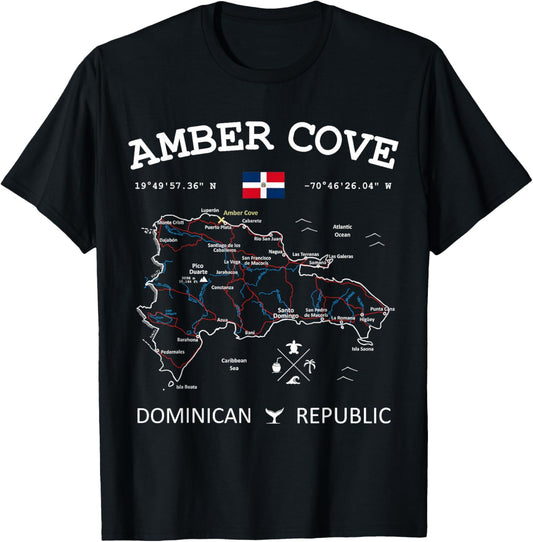 Amber Cove Dominican Republic Flag Travel Map Coordinates T-Shirt - T-Shirt | Black