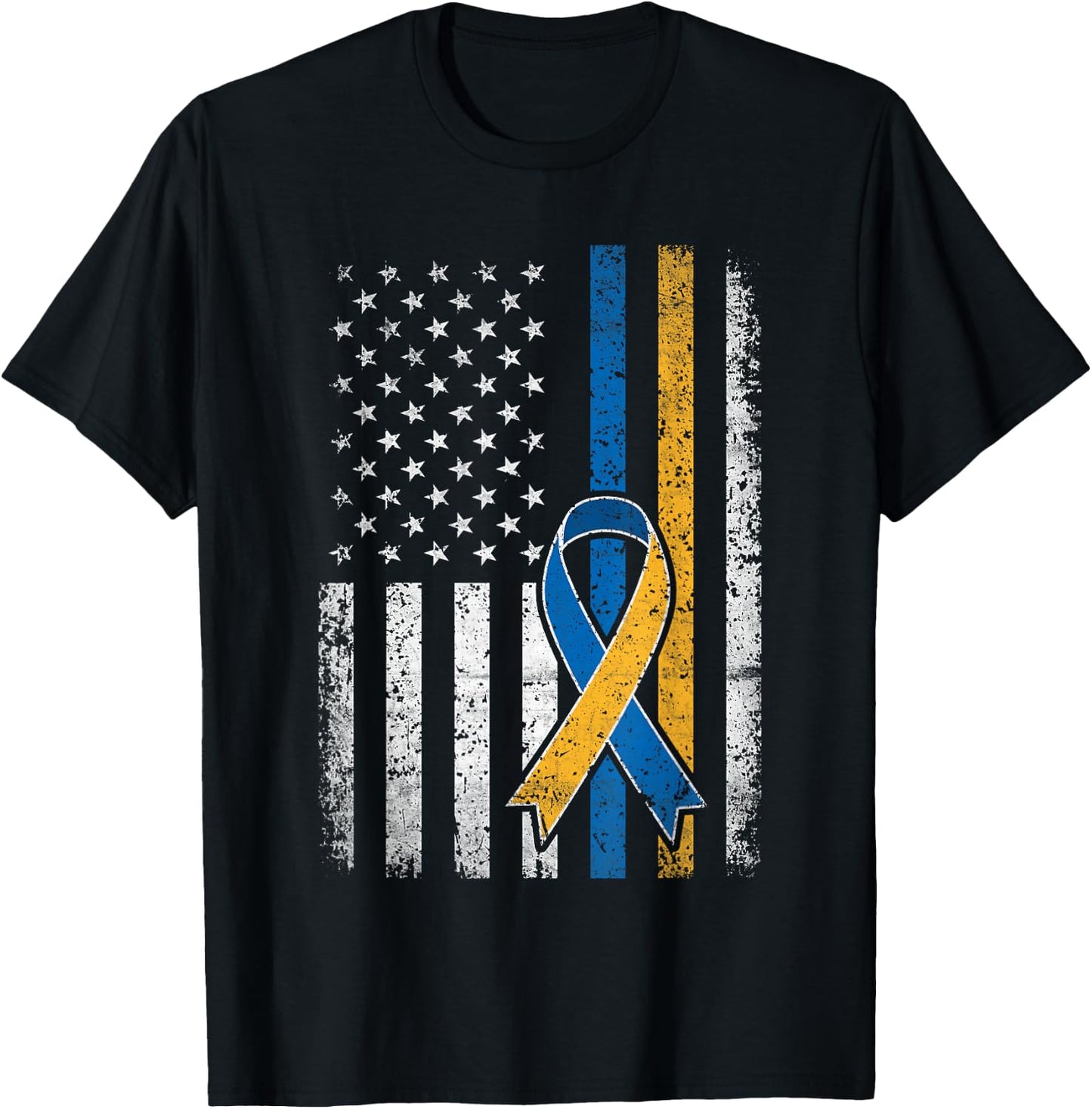 Down Syndrome Shirt USA Flag Retro Blue and Yellow Ribbon T-Shirt - T-Shirt | Black