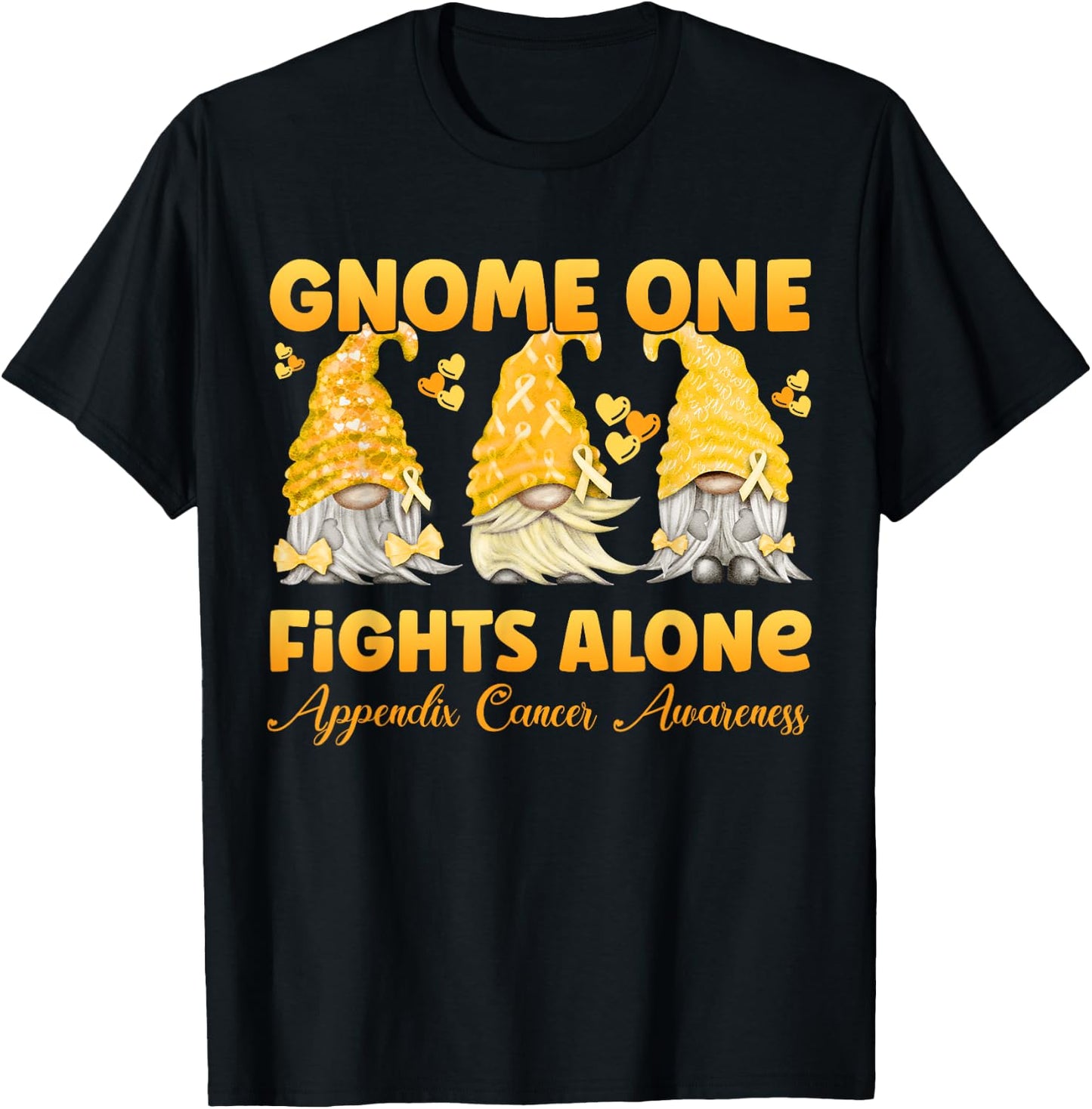 Gnome One Fights Alone Amber Appendix Cancer Awareness T-Shirt - T-Shirt | Black