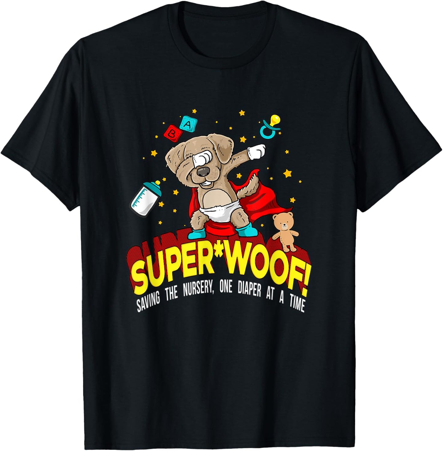SUPER WOOF Diaper Pup Superhero Parody T-Shirt - T-Shirt | Black
