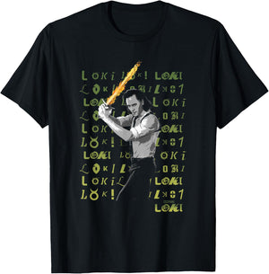 Marvel Loki Flaming Sword Loki Logo Text Spill T-Shirt - T-Shirt | Black