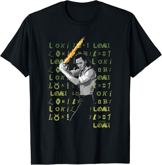 Marvel Loki Flaming Sword Loki Logo Text Spill T-Shirt - T-Shirt | Black