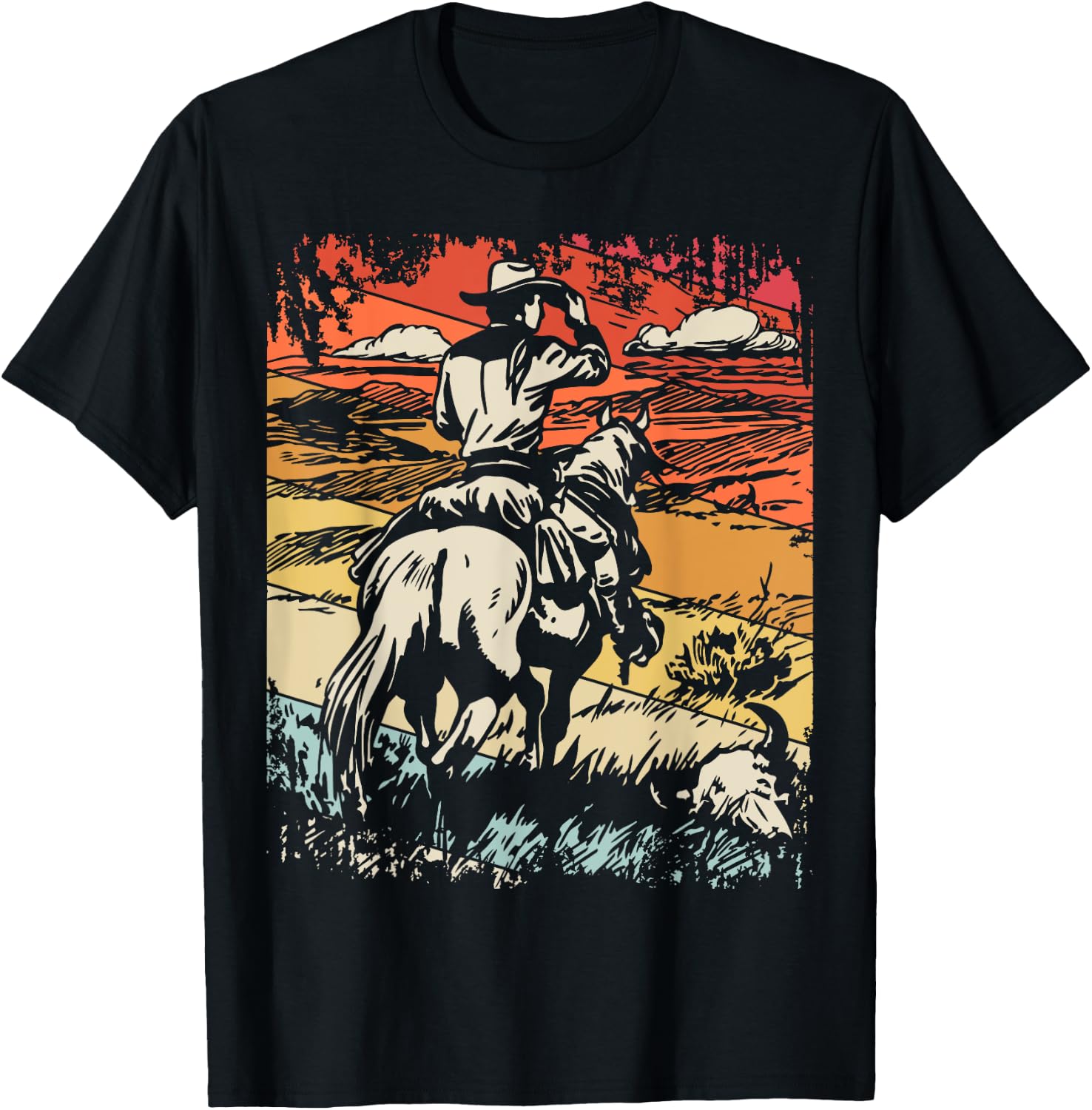 Vintage Cowboy By SamBro Retro -Adults Kids Western Black Small Short Sleeve T-Shirt - T-Shirt | Black
