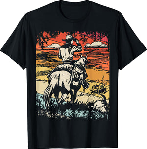 Vintage Cowboy By SamBro Retro -Adults Kids Western Black Small Short Sleeve T-Shirt - T-Shirt | Black