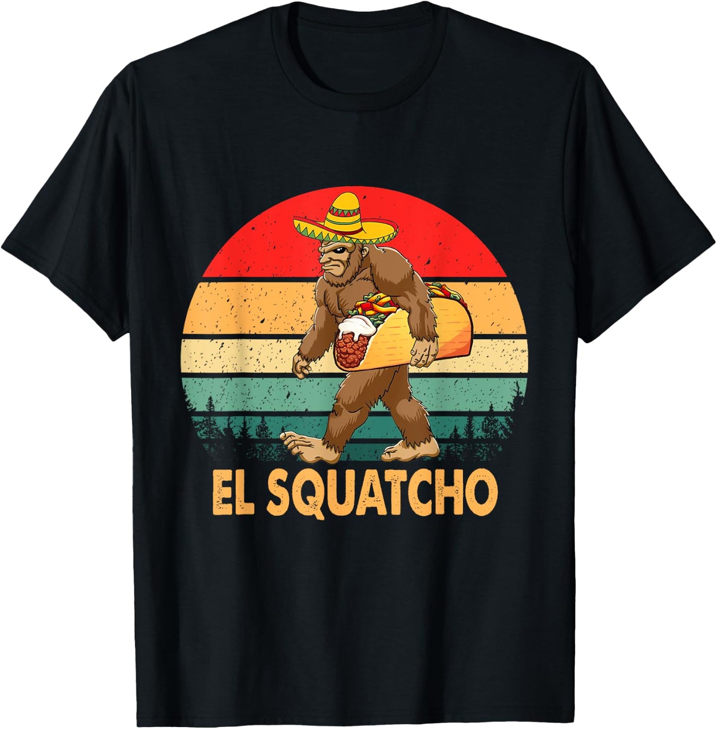 El Squatcho Bigfoot Taco Sombrero Cinco De Mayo Vintage T-Shirt - T-Shirt | Black