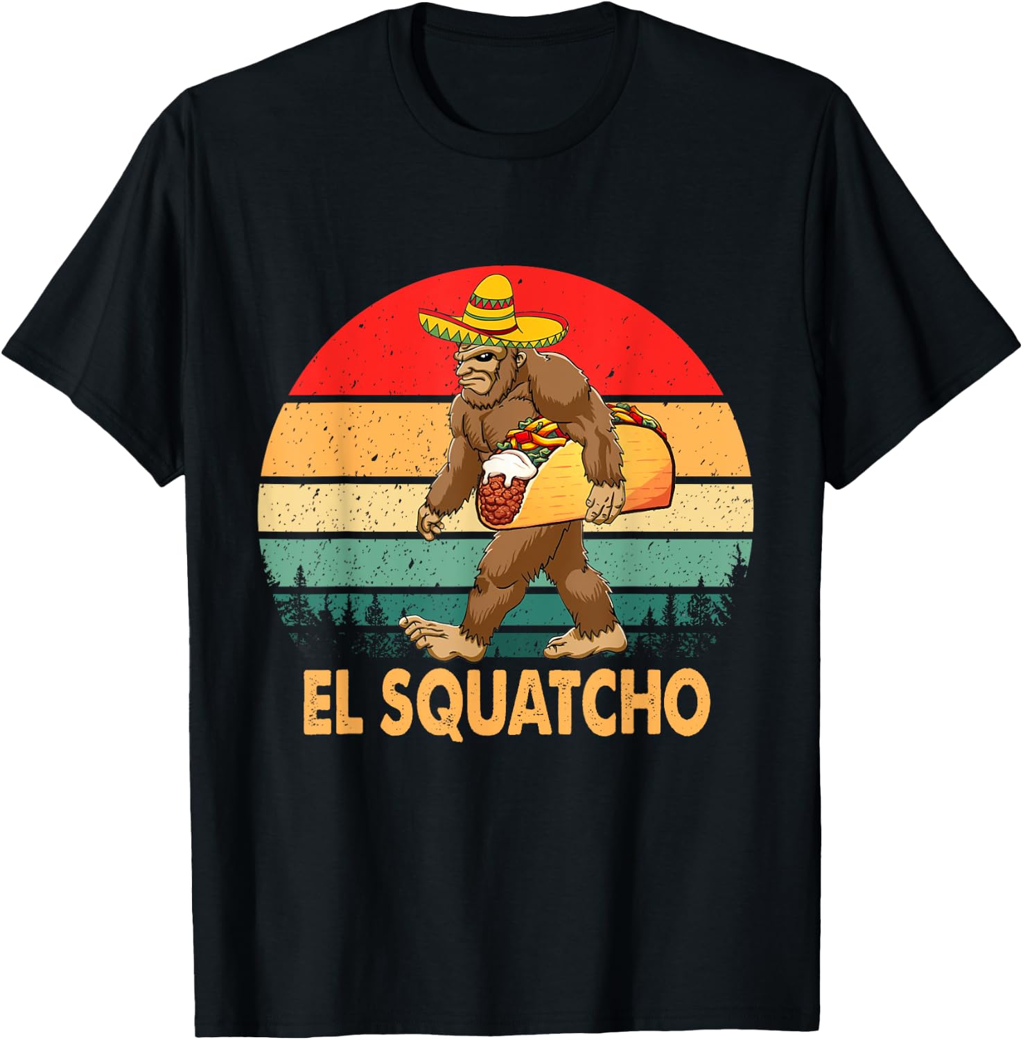 El Squatcho Bigfoot Taco Sombrero Cinco De Mayo Vintage T-Shirt - T-Shirt | Black