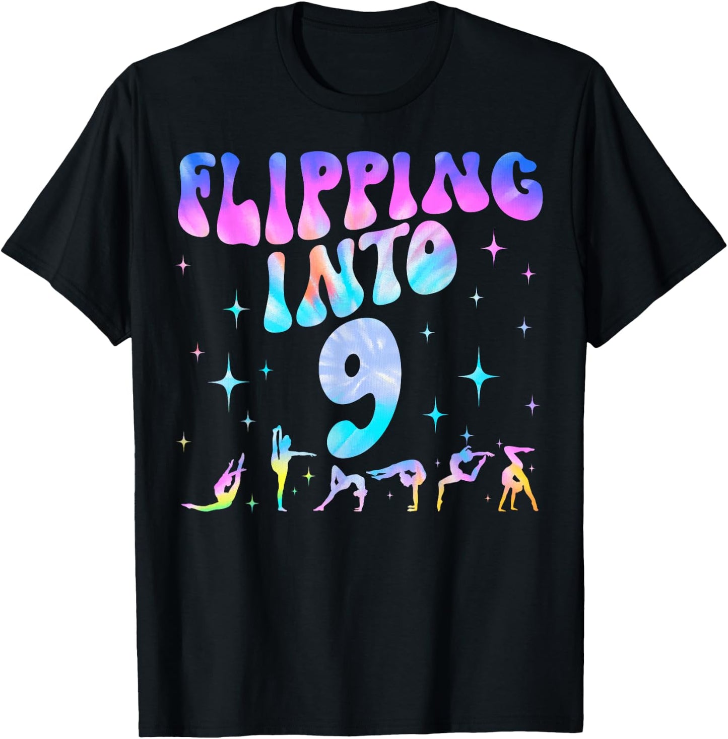 Flipping Into 9th Birthday Gymnastic 9 Years Old Girl Party T-Shirt - T-Shirt | Black