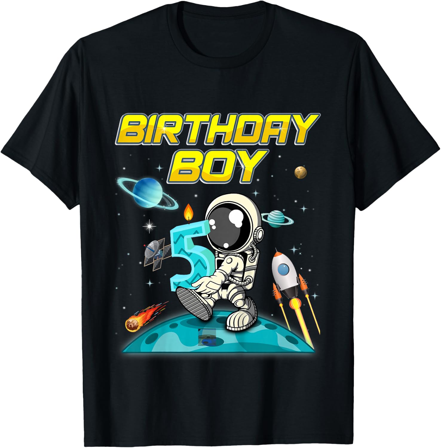 Kids 5 Year Old Outer Space Bday Boy Planets Astronaut 5th Gift T-Shirt - T-Shirt | Black