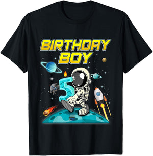 Kids 5 Year Old Outer Space Bday Boy Planets Astronaut 5th Gift T-Shirt - T-Shirt | Black