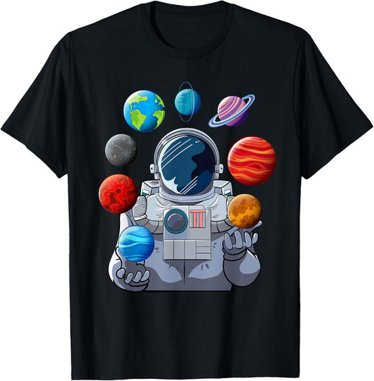 Astronaut Planets Space Moon Galaxy Stars Spaceship T-Shirt - T-Shirt | Black