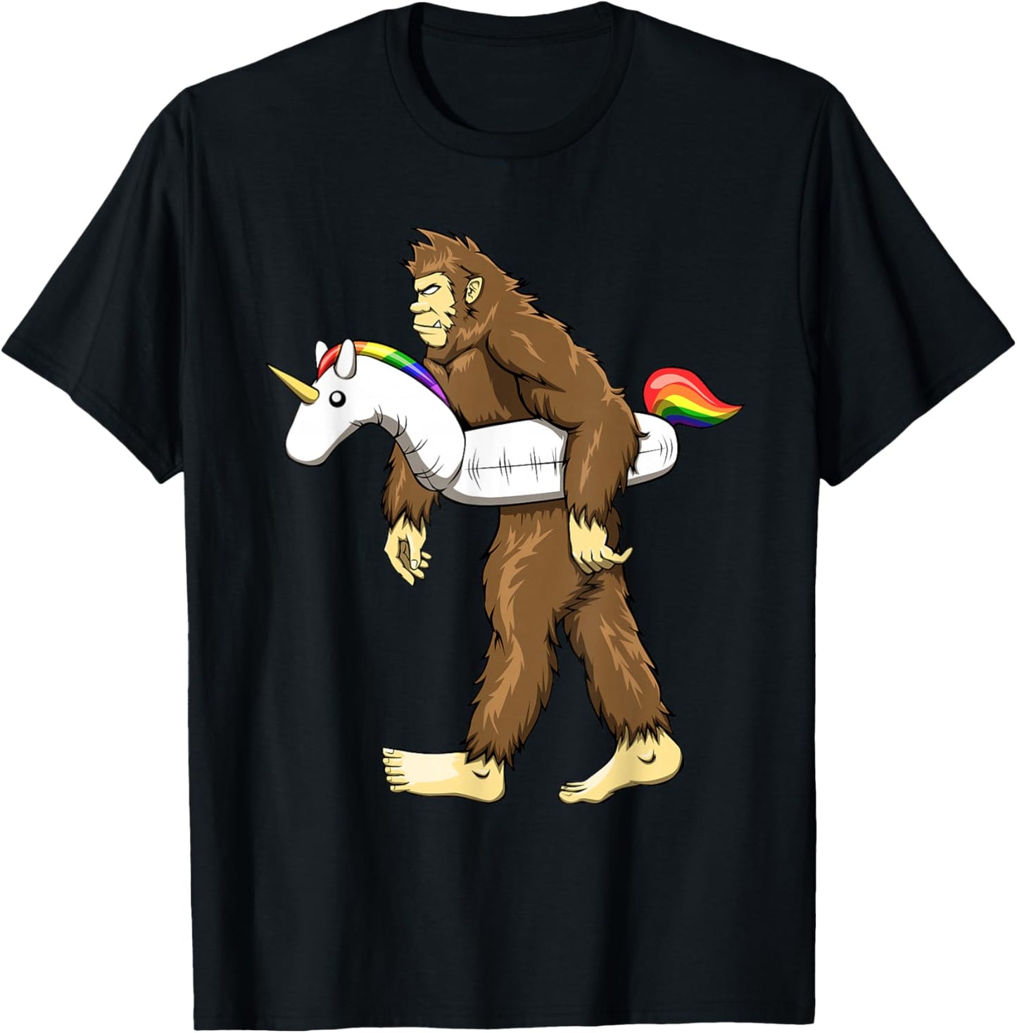 Funny Sasquatch with Unicorn Pool Swim Ring Bigfoot T-Shirt - T-Shirt | Black
