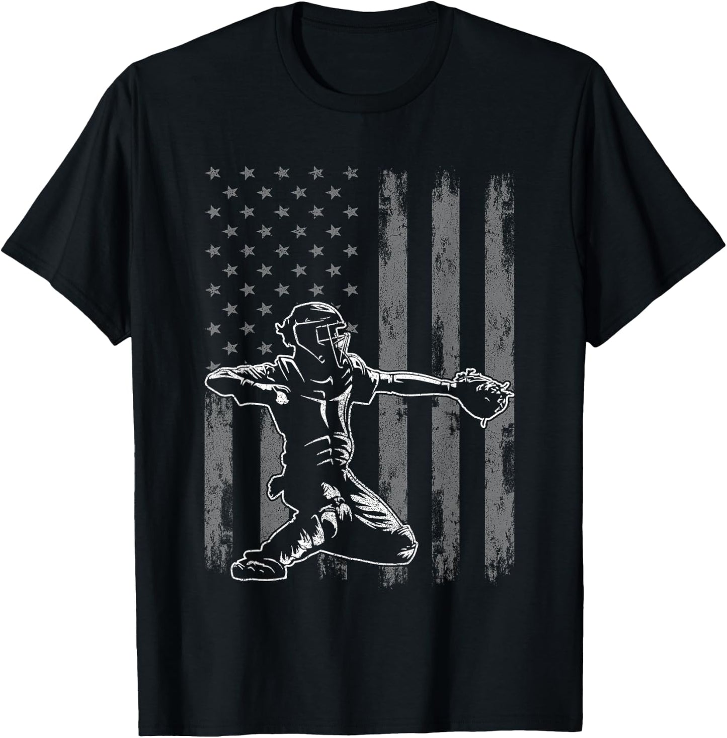 Baseball Catcher Shirt for Boys Men, Baseball USA Flag T-Shirt - T-Shirt | Black