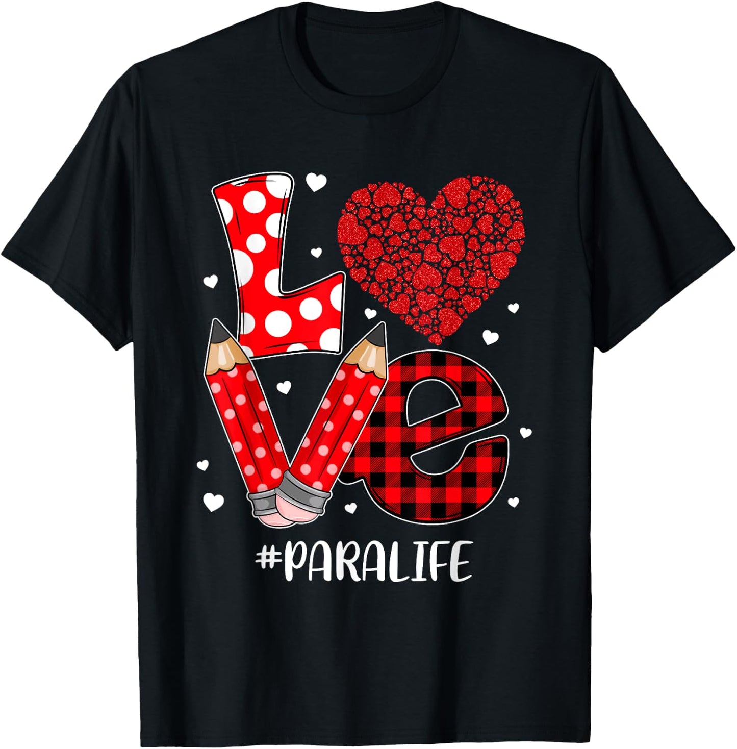 Funny Plaid Heart LOVE Para Life Valentine Day Christmas T-Shirt - T-Shirt | Black