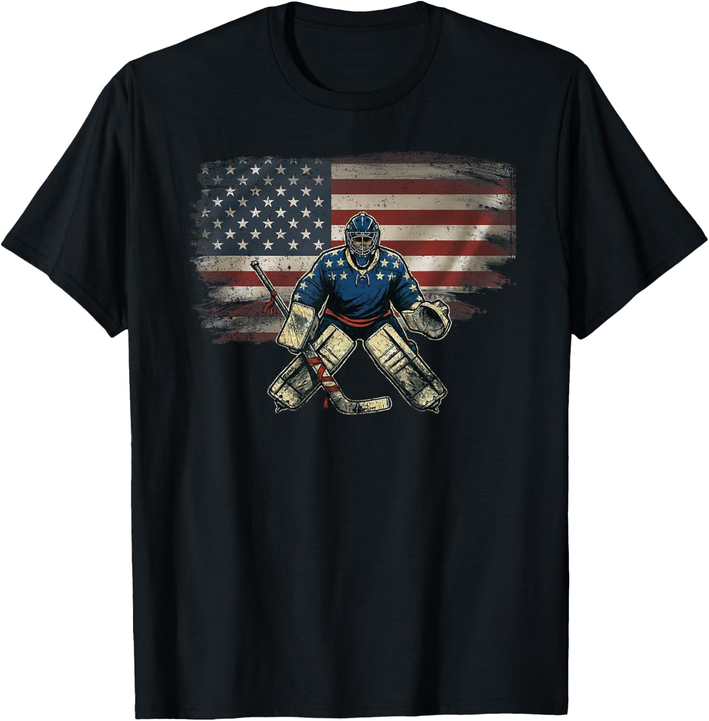 Vintage USA Flag Hockey Lover Ice Hockey Goalie T-Shirt - T-Shirt | Black