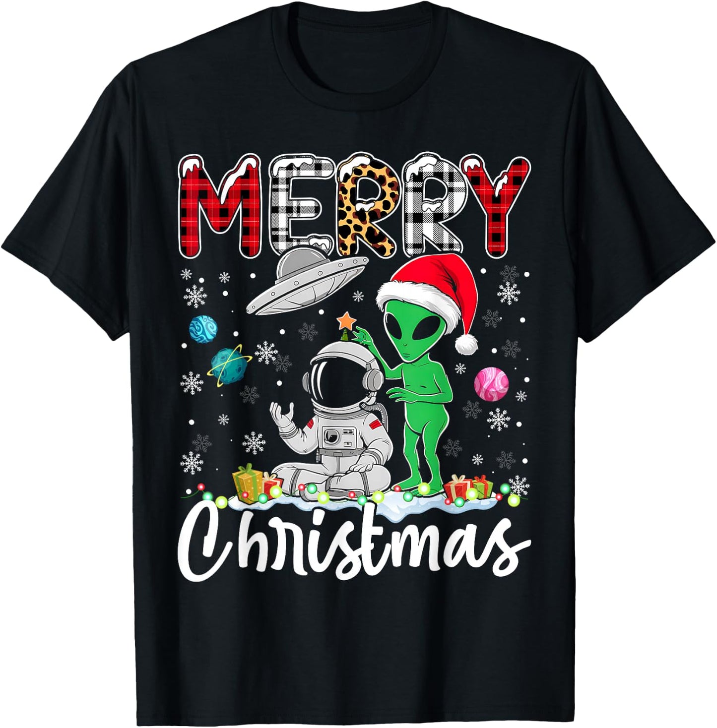 Alien Santa Astronaut UFO Christmas Snowflakes Xmas T-Shirt - T-Shirt | Black