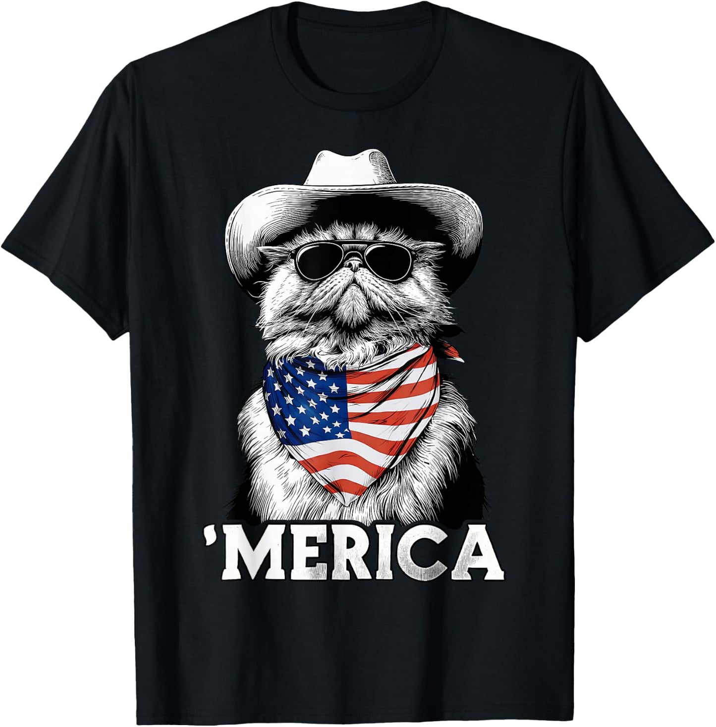 Persian Cat American Flag Bandana Cowboy Hat Sunglasses T-Shirt - T-Shirt | Black
