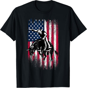 Rodeo Bull Rider Patriotic American Flag Cowboys Small T-Shirt - T-Shirt | Black