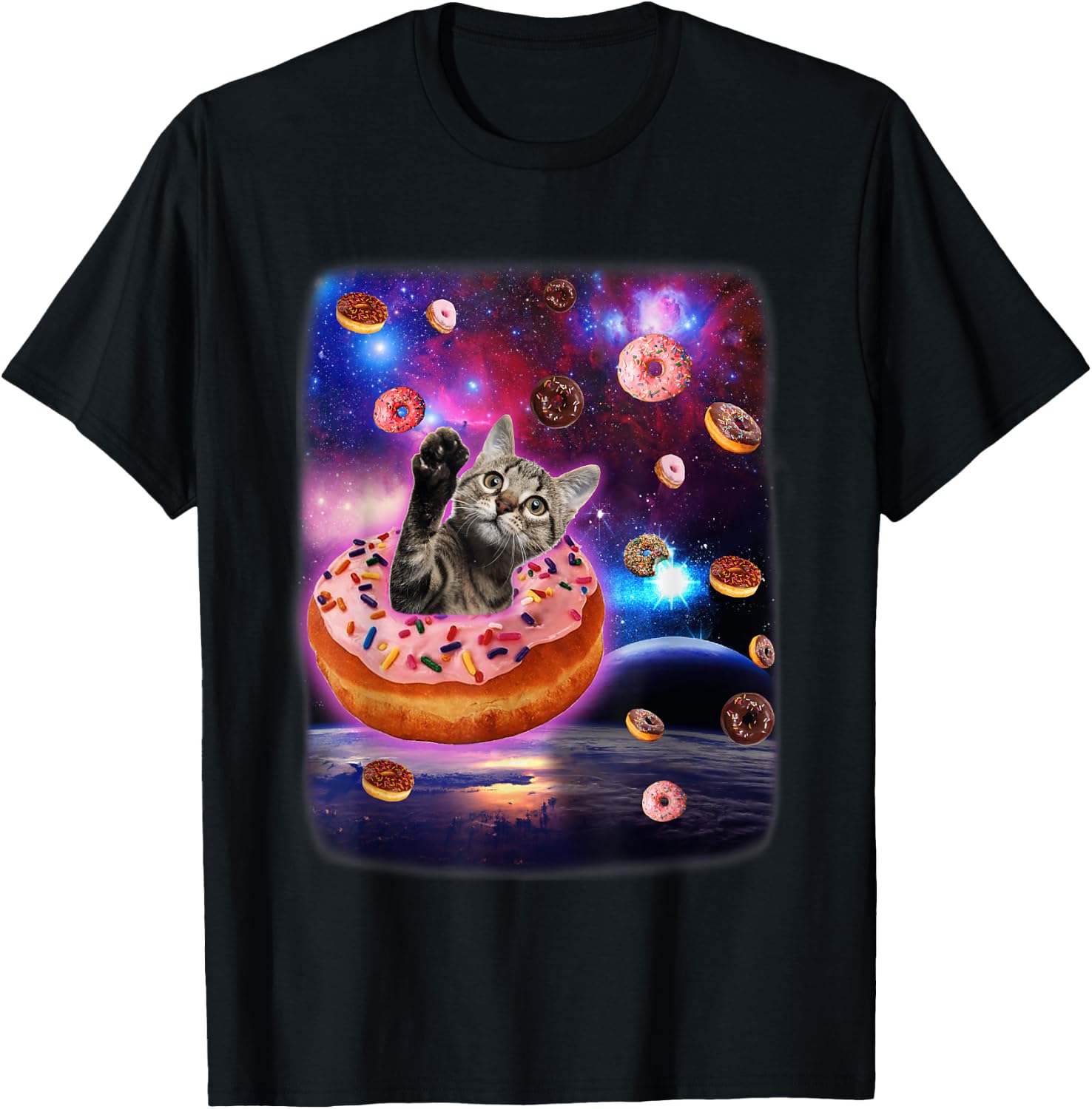 Cute Cat Inside Donut In Space Boy Girl Donut Kitty Galaxy T-Shirt - T-Shirt | Black