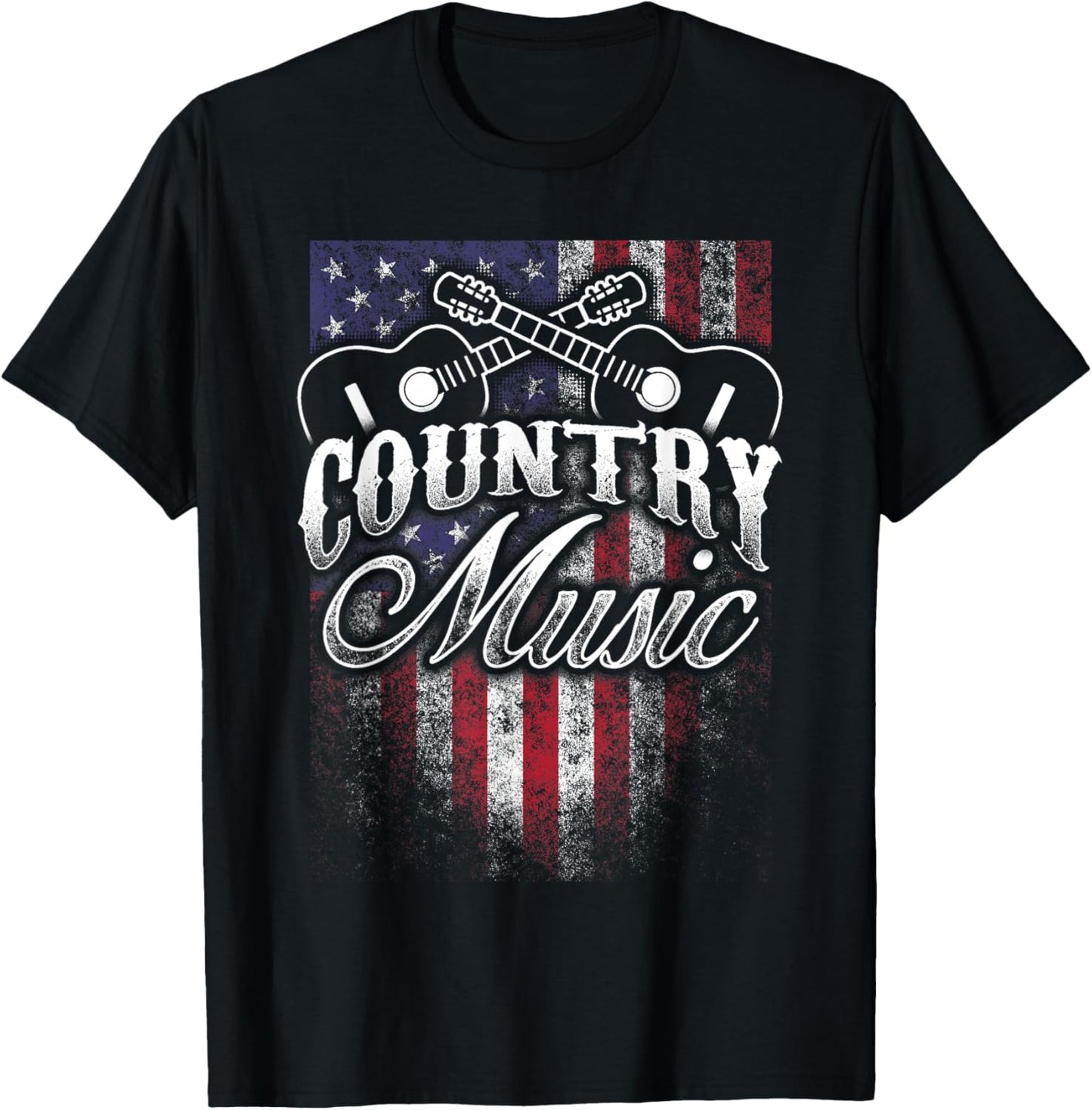 Country Music Guitar & American Flag Western Design T-Shirt - T-Shirt | Black